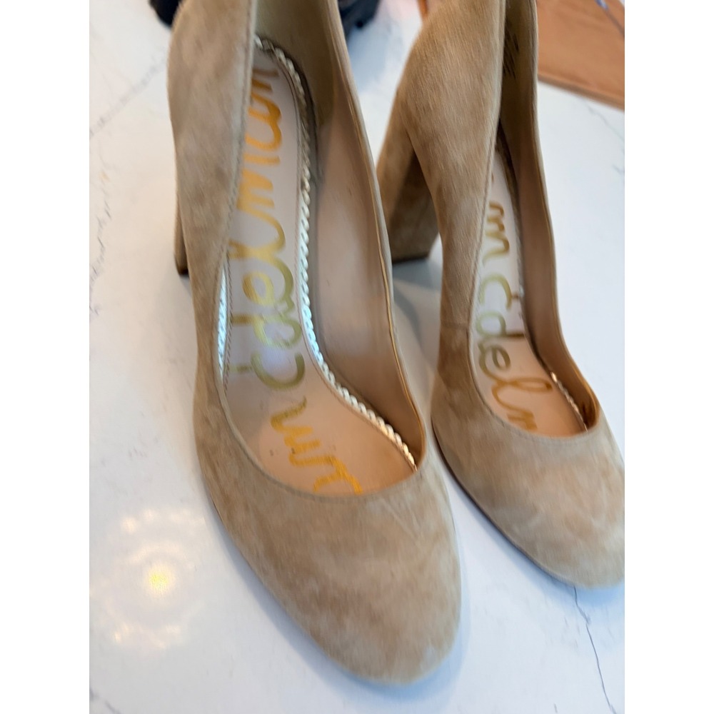 Sam Edelman Stillson Pumps Tan Suede Block Heel Round Toe Classic Office Shoes